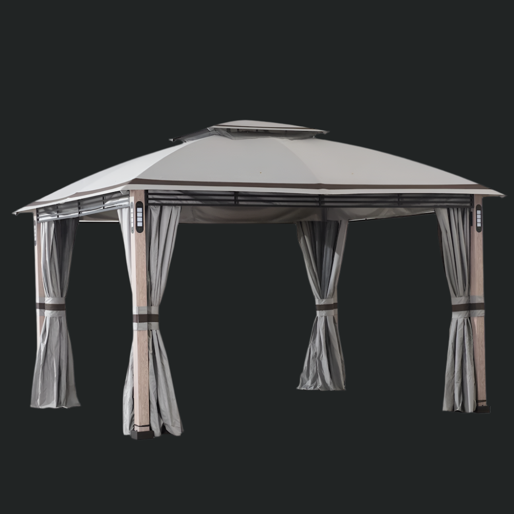 Stylish 2-tier Patio Gazebo with LED Lighting and Bluetooth Sound by Summer Cove, perfect for outdoor gatherings.