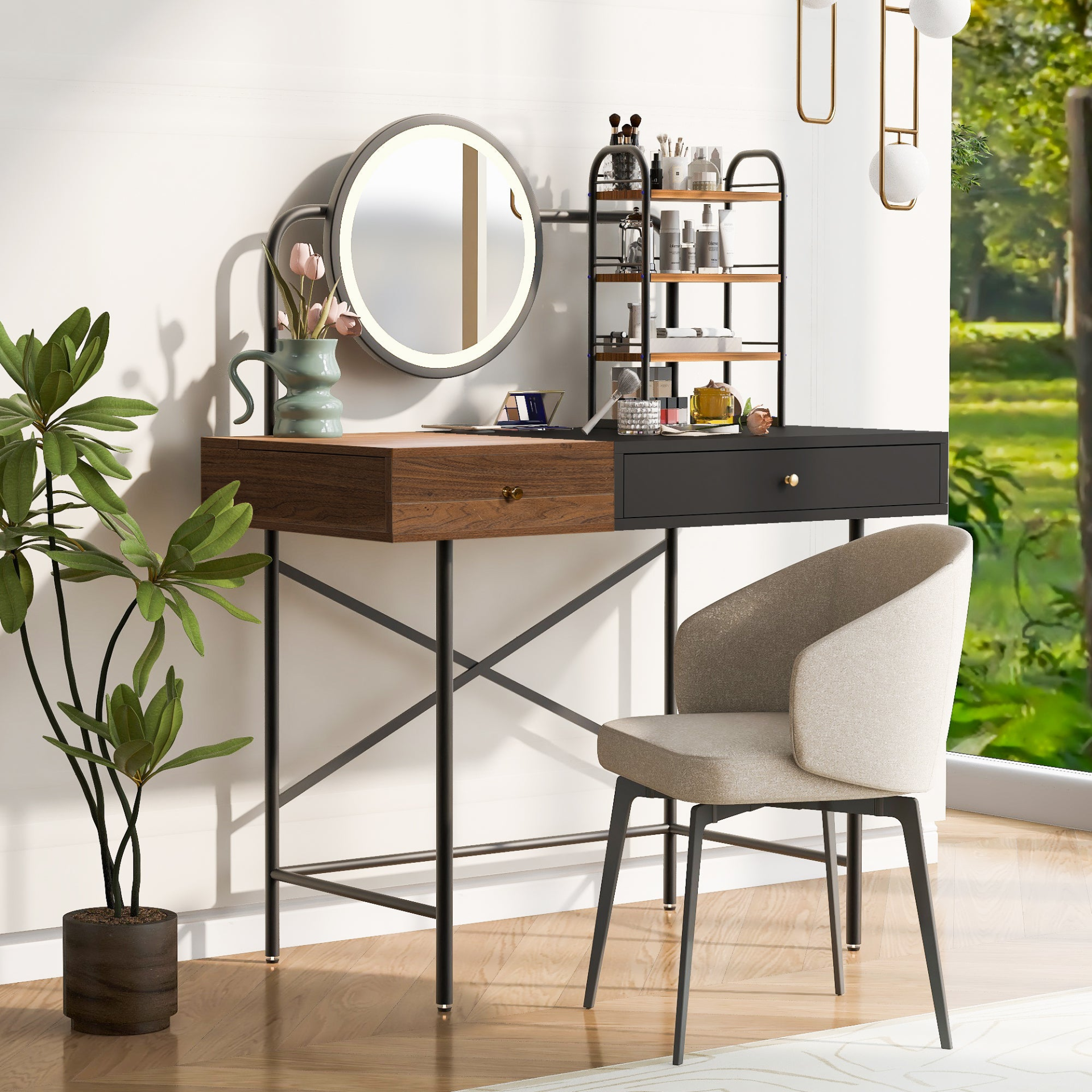 Stylish 40" Makeup Black Vanity with Tri-Color Lighted Mirror and wireless charging, featuring ample storage space.