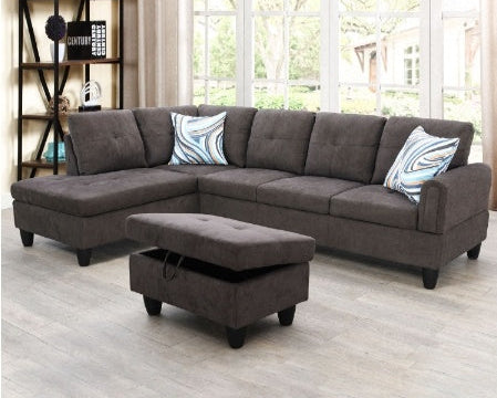 Living Room Sofa Set Dark Brown Flannel w/Ottoman and Storage