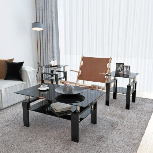 Modern Black Tempered Glass End Tables, Coffee Table For Living Room