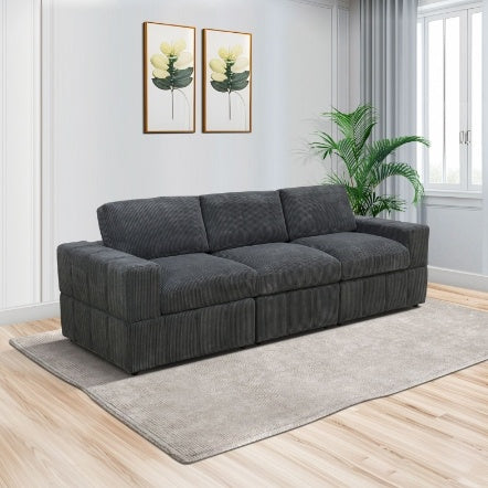 Dark Grey Corduroy Living Room Sofa Double Armrests 3-Piece