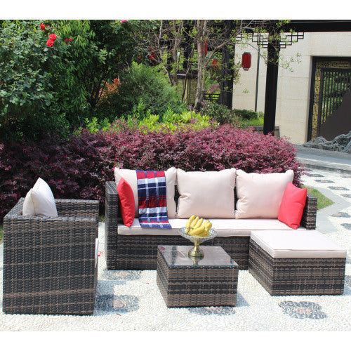 Rattan Patio and Pool 4 Piece Furniture Set With Cushioned Sectional and Table