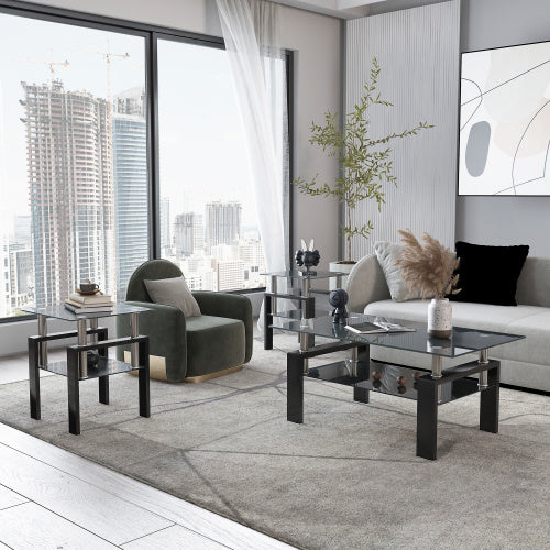 Modern Black Tempered Glass End Tables, Coffee Table For Living Room